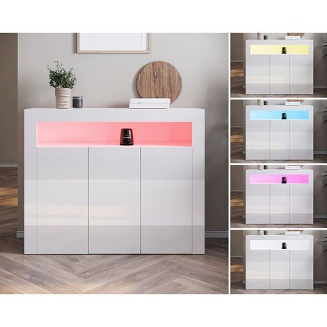 SONNI Sideboard Holz Weiß Hochglanz Industrial mit LED (12 Farben können eingestellt Werden) Beistellschrank mit Drei Schranktüren 116x93x35cm (1/5)