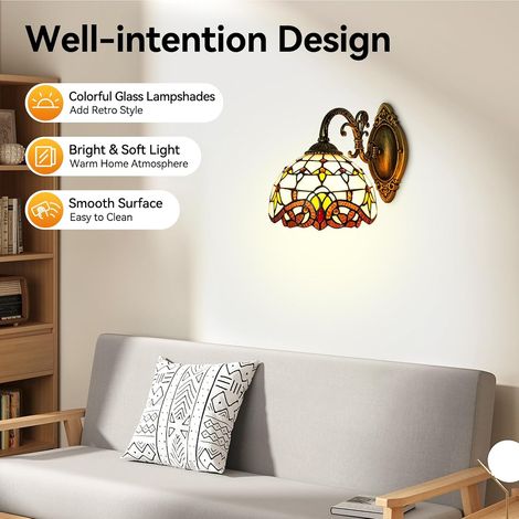 Applique murale vintage industrielle - Applique murale rétro pour salle de bain - Style Tiffany - Verre coloré - Support mural - Abat-jour - Décoration de table de chevet - Ampoule non incluse (1/5)