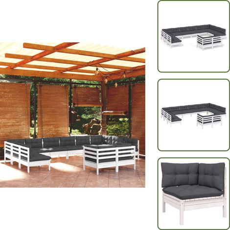 12-tlg. Garten-Lounge-Set mit Kissen Weiß Kiefer Massivholz - Gartensessel - Lounge Set - Gartenmöbel - Outdoor Möbel - Kiefernholz