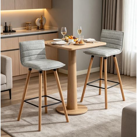 Lote de 2 taburetes de bar 48x48x99,5 cm de tela y madera gris claro con respaldo (1/5)