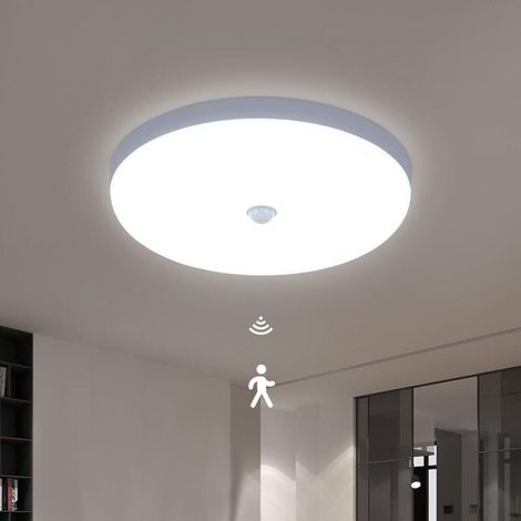 LED Ceiling Light with Motion Detector, 30W 6600K Modern Ceiling Lamp Cool White Light, 30CM Round White Ceiling Light for Kitchen, Hallway, Staircase, Bedroom, Entrance (IP40) [Class