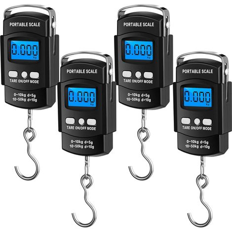 Básculas digitales para peces (paquete de 4), capacidad de 50 kg, electrónicas, con cinta métrica, gancho y pantalla LCD retroiluminada.