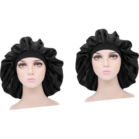 Lot de 2 Bonnets de Nuit en Satin Noir, Bandeau Large Élastique Respirant, Couvre-Cheveux pour Dormir, Serre-Tête en Soie, Accessoire de Coiffure pour Femme (1/5)