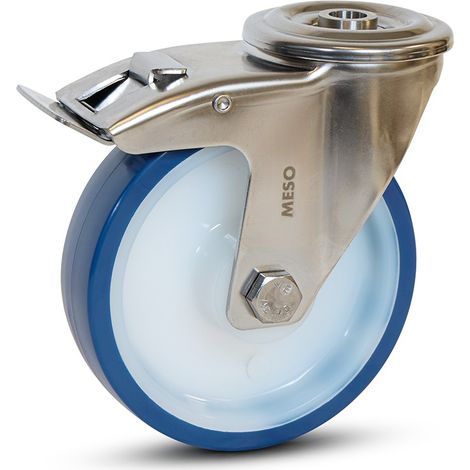 Roulette pivotante freinée - MESO - PU bleu inox - Trou taraudé - 125mm - 220kg (1/2)