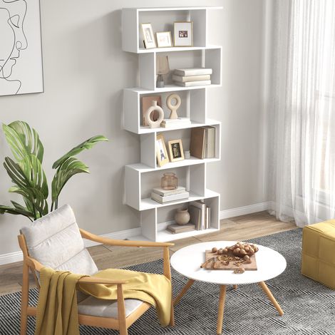 Bibliothèque zigzag design contemporain 80x23x192 cm, 6 étagères blanches, meuble de rangement moderne (1/5)