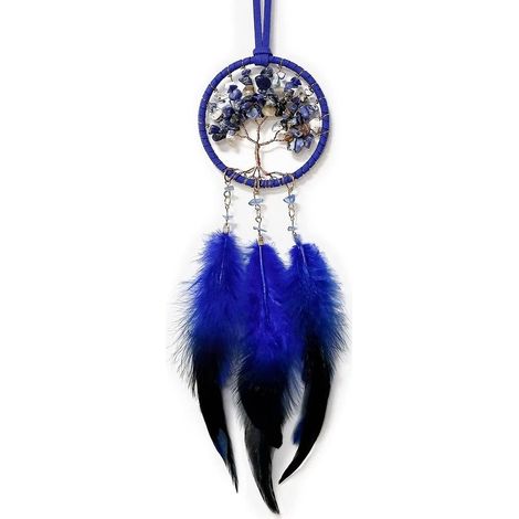 Attrape-rêves en plumes, petit modèle fait main, décoration pour voiture ou maison, arbre de vie, bleu. (1/5)