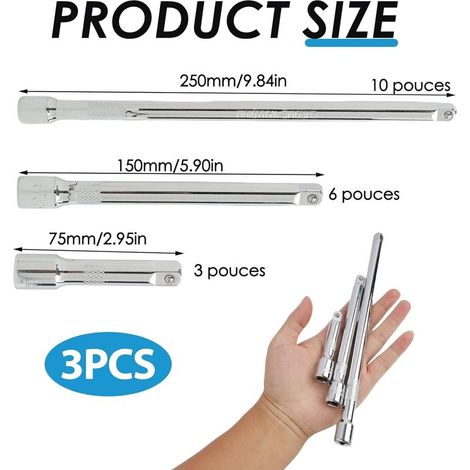 3-teiliges 3/8"-Verlängerungsset: 75 mm, 150 mm, 200 cm, 3/8"-Ratschenverlängerungen, schwenkbare Verlängerungen, Ratschenverlängerungen aus Chrom-Vanadium-Stahl für schwer zugängliche Stellen, polier (1/5)