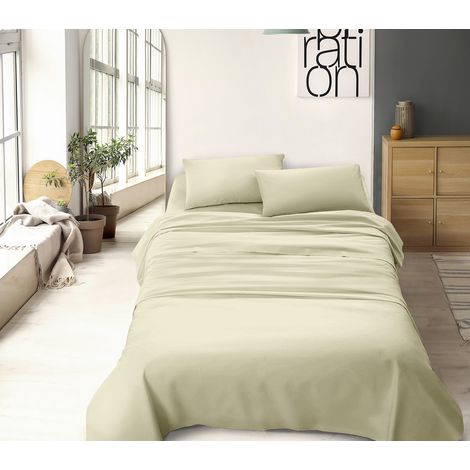 Set Lenzuola 100% Cotone Di Flanella Completo Letto Made In Italy Anti-Pilling Tinta Unita Lenzuolo Sopra Sotto Federe Panna - Matrimoniale