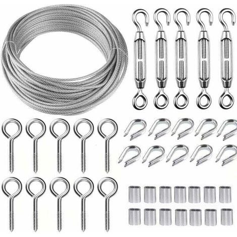 Kit de câble métallique en acier inoxydable de 5 m/2 mm avec tendeur de fil robuste M5, kit de rouleau de fil de clôture, kit de garde-corps de câble, tendeurs de fil de jardin pour plantes grimpante (1/4)