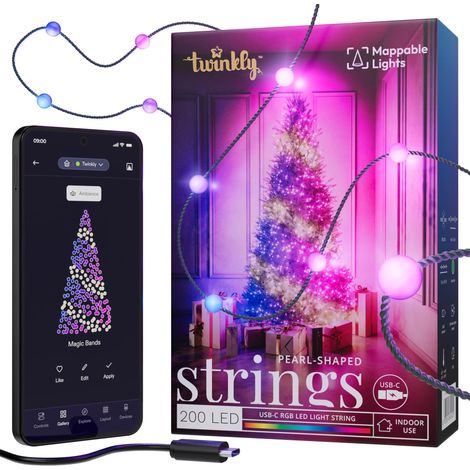 Twinkly Strings USB-C Pearls 200 LED, Guirlande Lumineuse en Forme de Perle, Fil LED Multicolore RGB, Lumières Saint-Valentin, Compatible avec, Alimentation USB C, Fil Vert, 12m (1/5)