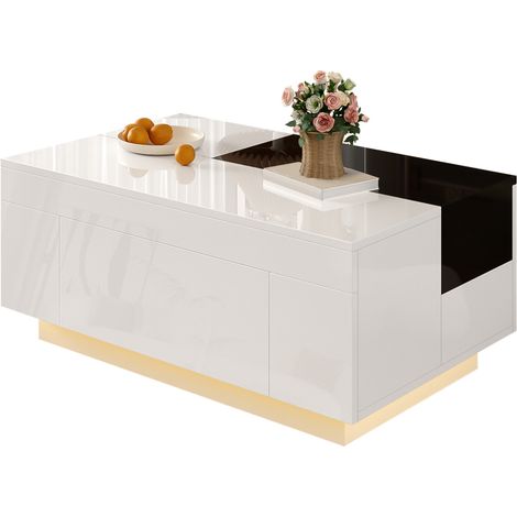 Table basse brillante avec éclairage LED, plateau extensible noir et blanc, rangement caché et bande lumineuse réglable en 16 couleurs – le choix idéal pour un salon élégant (1/5)