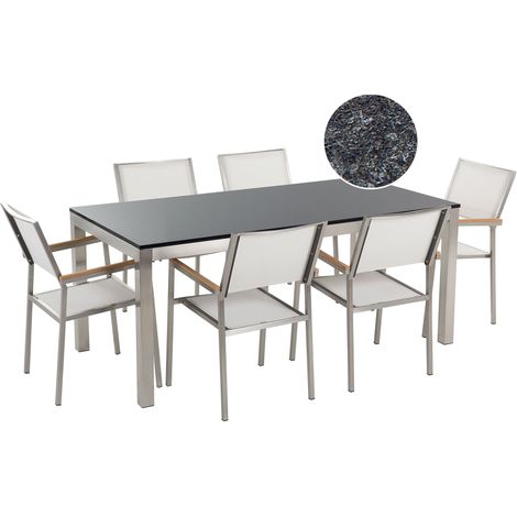 Conjunto de comedor de jardín blanco con mesa 180 x 90 cm de granito flameado 6 sillas de ratán Grosseto