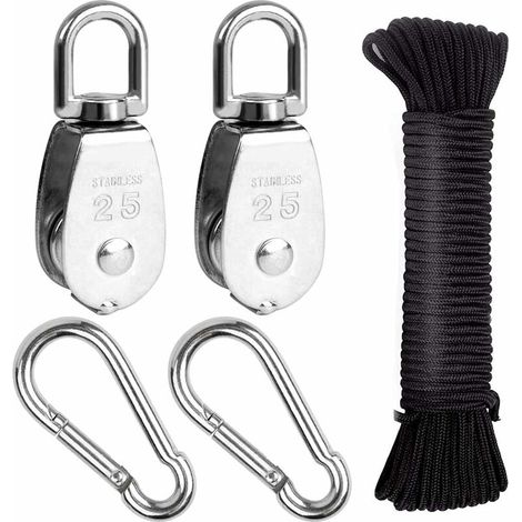 Heberolle, 25 mm 304 Edelstahlrolle, 2 Stück M25 Einzelrolle, für Seile und Kabel, mit 6 mm Seil 20 m, 2 Stück Schlüsselanhänger-Karabinerhaken (1/4)