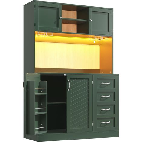 Buffet latéral / meuble de rangement / meuble de cuisine / buffet, 120x40x188cm, avec éclairage LED, étagère à snacks et porte-gobelets, 4 portes et 2 grands tiroirs, Vert/Noir/Blanc (1/5)