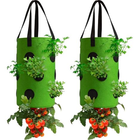 Set di 2 fioriere sospese per fragole con fori multipli, capacità 3 galloni, colore verde, con 13 fori di drenaggio, ideali per la coltivazione su balcone e in giardino. (1/5)