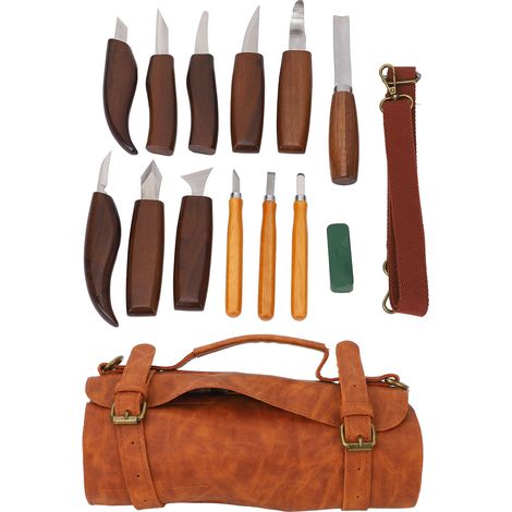 Holzschnitzwerkzeug, tiefer Griff, manuelles Schnitzset für hochhartes Holz mit Aufbewahrungstasche aus Leder für Bastelarbeiten (1/5)