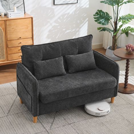 DESMIU Canapé Droit 2 Places avec Accoudoirs, Poches Latérales et Coussins, pour Salon et Bureau, en Bois, Gris Foncé (1/5)