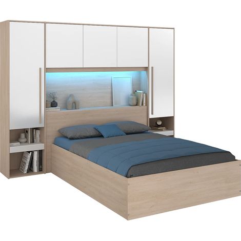 Letto contenitore 140 x 190 cm con ponte letto Con LED Bianco lucido e naturale - VELONA (1/5)