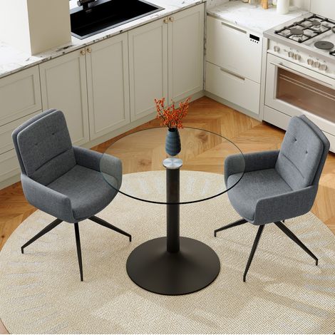 Set tavolo da pranzo rotondo 85x85x76 cm, sedie girevoli 360°, vetro temperato, metallo, nero grigio scuro trasparente (1/5)