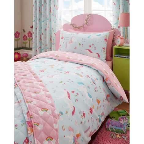 Parure de lit Motif Licornes Magiques pour lit Simple pour Enfant Housse de Couette et taie d’Oreiller Bleu (1/4)