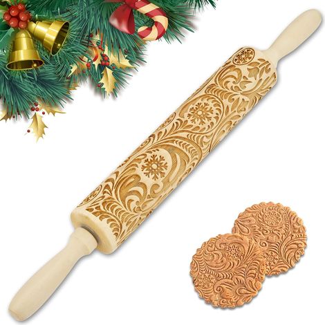 rodillo de cocina, diseño de reno tallado, madera maciza de haya, 43 cm, para galletas navideñas, cocina casera para niños y adultos. (1/5)