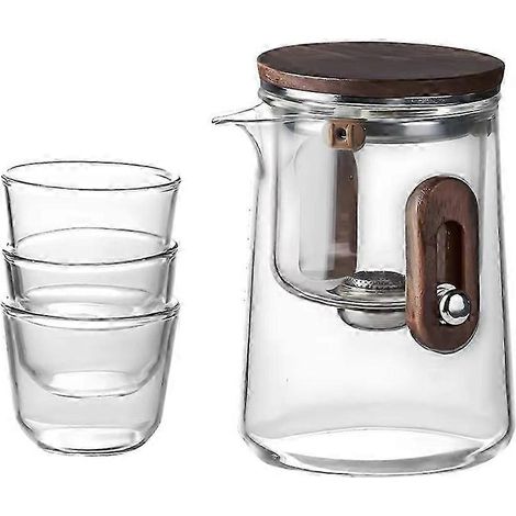 Infuseur à thé portable avec intérieur en verre, couvercle magnétique, corps en acier inoxydable et bois. Ce service à thé de voyage comprend 3 tasses et un sachet de rangement. (1/5)