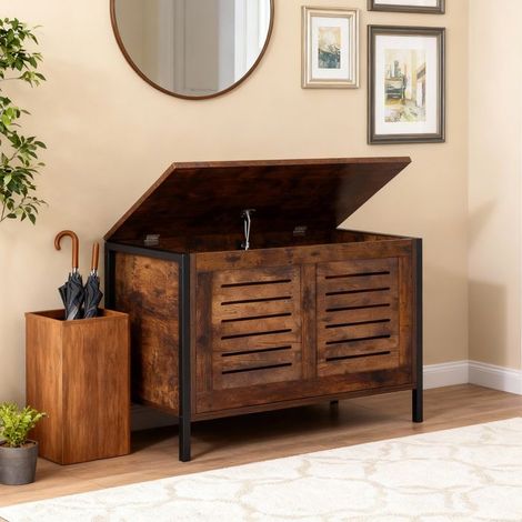 2-in-1 Aufbewahrungstruhe mit Sitzbank – 80 × 39,5 × 50 cm – Klemmfreie Scharniere – Vintage-Holzoptik – Braun – Home Nature Wohnkonzept (1/5)