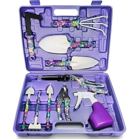 Outils de jardin, ensemble de dix scarificateurs violets, râteau, pelle, ciseaux, arrosoir, outils de jardin (1/4)