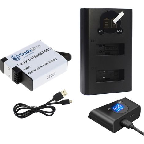 Trade-Shop 2in1 Set: 2x Akku 1250mAh + USB-C Doppel Dual LCD Ladegerät Ladestation für GoPro 025416 421850 AHDBT-701 AHDBT-801 GOP004 IEC 62133 IS 16046 R-41047830 Hero 7 White (1/3)