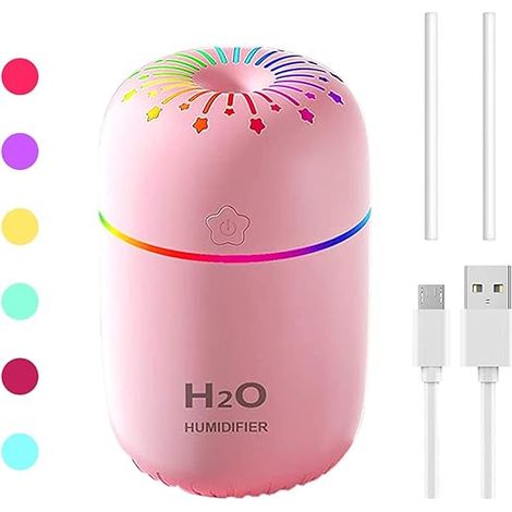 mini humidificateur portable de 300 ml, petit humidificateur à brume fraîche avec veilleuse colorée pour voiture, ultra silencieux, rose, 1 pièce (1/4)