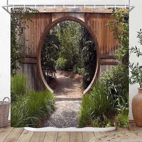 Rideau de douche 180x180cm, motif jardin naturel, porte ronde en bois, style ferme vintage, feuilles vertes, avec crochets (1/5)
