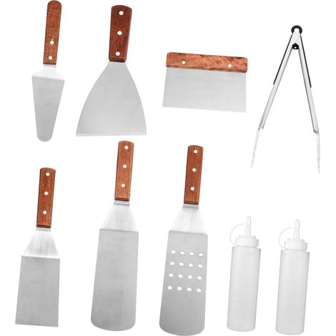 Ensemble Ustensiles Barbecue Acier Inoxydable 9 Pièces Manches Bois pour Grillades en Extérieur, Kit Complet Pratique Léger Portable pour Cuisson Et Fête en Plein Air (1/5)