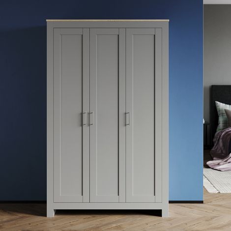 ELEGANT Soft Close Wardrobe 3 Door with Stainless Steel Handles Modern Large Storage Wardrobe Furniture Clothes Closet Gray/Oak (1/5)