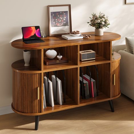 Modernluxe - Buffet ovale pour vinyles - 3 compartiments pour vinyles - Port de charge - 2 portes coulissantes - Pieds en fer - MDF - Marron (1/5)
