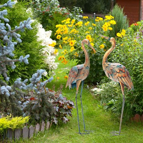 Statue de Grue Debout Lot de 2 pour Jardin Cadre en Métal Imperméable Plumes de Couleur Dégradée Animaux Realiste (1/3)