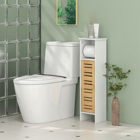 Mobiletto da bagno con portarotolo, ripiani regolabili e anta in bambù, 21x17x78 cm, bianco e naturale.