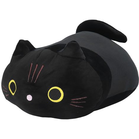 Coussin en forme de chat noir cartoon, yeux ronds expression mignonne, peluche décorative pour maison (1/5)