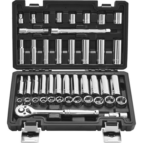 VEVOR Jeu de Douilles SAE et Metriques Profonds et Peu Profonds, Kit deOutils de Mecanicien 44PCs, avec Cle a Cliquet a Entrainement 9,5 mm, Accessoires et Etui, en Acier Allie CR-V, pour Reparation (1/5)