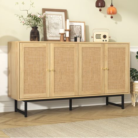 Sideboard 140x39.5x80 cm Holzfarbe aus Spanplatte mit echtem Rattangeflecht und 4 Türen (1/5)