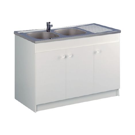 Aquarine – Meuble sous-évier 3 portes blanc 140x60 – Côtés et façades en PPSM 16mm – Charnières invisibles à rappel automatique – Accès vide-sanitaire
