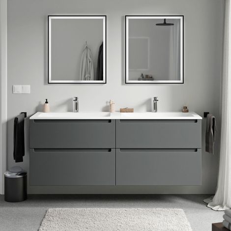 BERNSTEIN - Mueble lavabo doble suspendido MDF antracita mate, lavabos + orificios grifería fundición blanco mate, caj. giratorios 160x46x62cm VIREO antracita mate, Blanco mate con orificio para grifo (1/5)