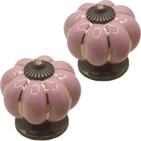 Set mit 2 farbenfrohen Halloween-Kürbis-Schrankknöpfen aus Keramik (40 x 40 mm Durchmesser x Höhe), Schubladengriffen, Möbelgriffen und Küchenschrankgriffen im Vintage-Kupfer-Stil mit Schrauben (Rosa) (1/5)