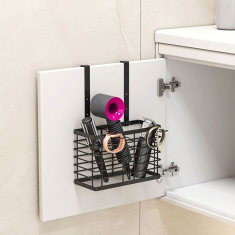 Support pour sèche-cheveux - Organiseur 3 en 1 pour outils de coiffure - Hauteur réglable - Organiseur mural pour porte d'armoire/salle de bain pour sèche-cheveux et lisseurs (Noir)