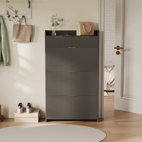 Meuble à chaussures, avec tiroirs et 3 étagères de rangement, poignées dorées, finition rayée, design moderne, meuble d'entrée, Noir (1/5)