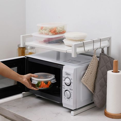 Étagère Extensible Gain de Place pour Four à Micro-Ondes, Étagère Micro-Ondes en Métal avec 3 Crochets de Rangement en Acier Inoxydable (40-65cm x 36.5cm x 42cm) Blanc (1/5)