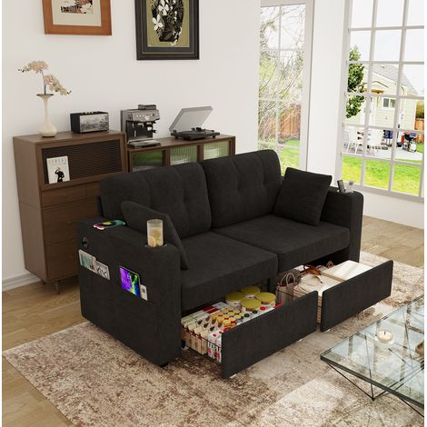 Canapé 2 plazas chenilla negra 172 cm con USB, cajones de almacenaje y portavasos (1/5)