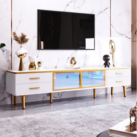 Mueble TV 170 x 37 x 47,5 cm de paneles de madera blancos, con almacenaje, salón FloraGrace (1/5)
