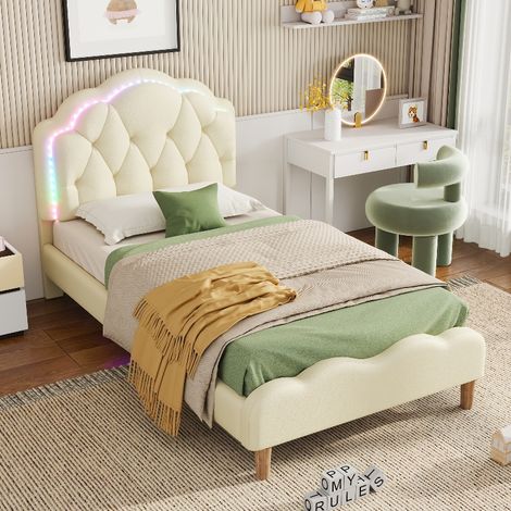 Polsterbett 90x200 cm Beige mit LED-Beleuchtung, Einzelbett aus PU-Leder mit wellenförmigem Kopfteil und Holzlattenrost für Kinderzimmer (1/5)