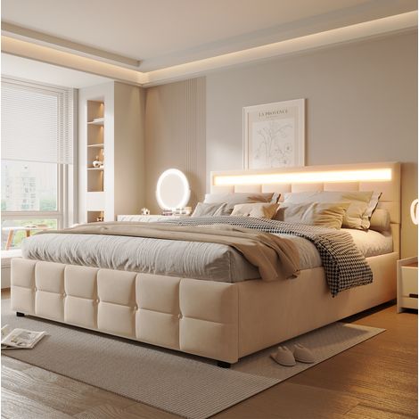 Cama tapizada 180x200 cm beige en terciopelo holandés con LED, somier de láminas y elevación hidráulica (1/5)