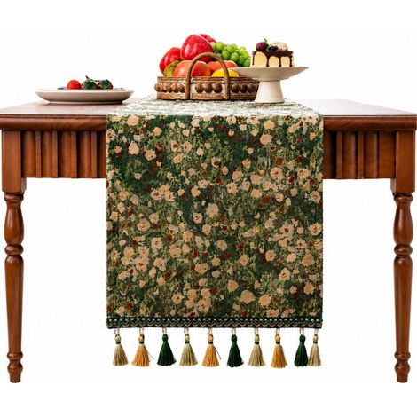 Camino de mesa con estampado floral y flecos, Algodón, Estilo vintage, Camino de mesa decorativo para mesa de comedor y sala de estar (33180cm) (1/5)
